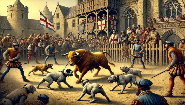 Terriers fighting a bull in a pit